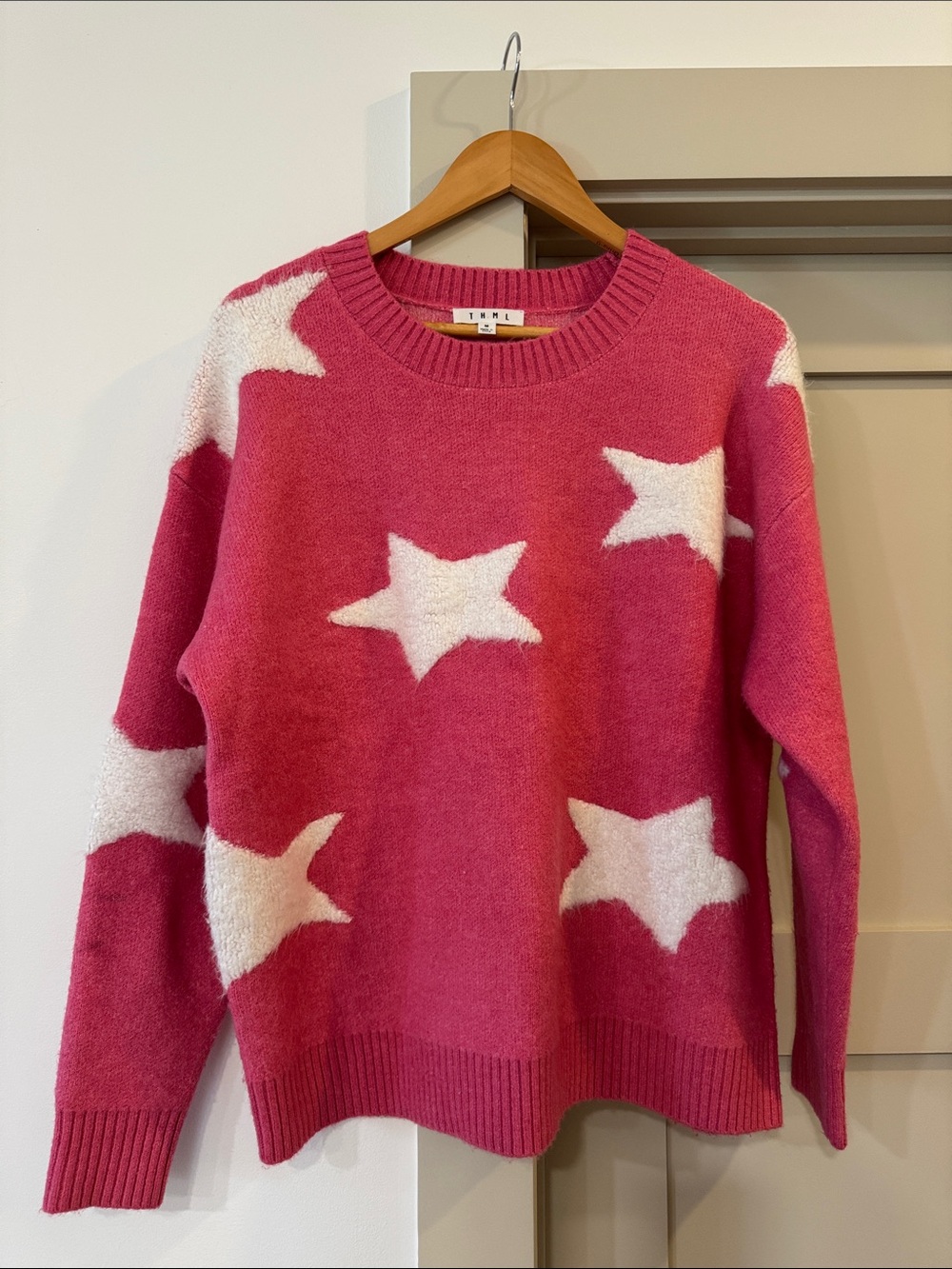 THML Hot Pink Crewneck Sweater with White Star Pattern